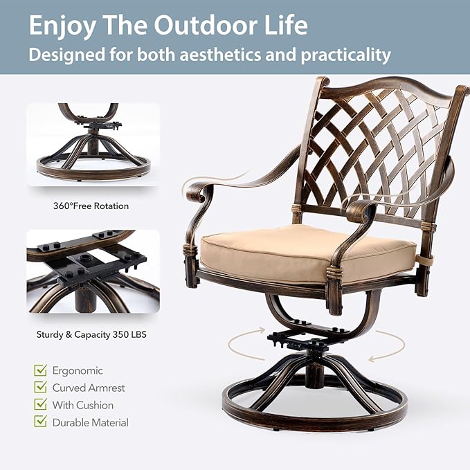 9-Piece Cast Aluminum Patio Furniture, Outdoor Dining Sets for 8 Include 87" Rectangular Patio Dining Table, 6 Stackable Chairs & 2 Swivel Chairs with Cushions & Umbrella Hole(Bronze)