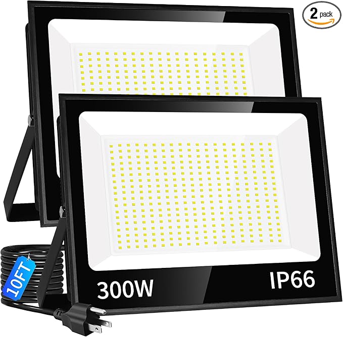 300W LED Flood Light Outdoor with Plug, 36000LM Ultra Brighter Security Light, IP66 Waterproof Exterior Plug in Floodlight, 5000K Daylight White for Lawn Yard Garden Stadium(2 Pack)