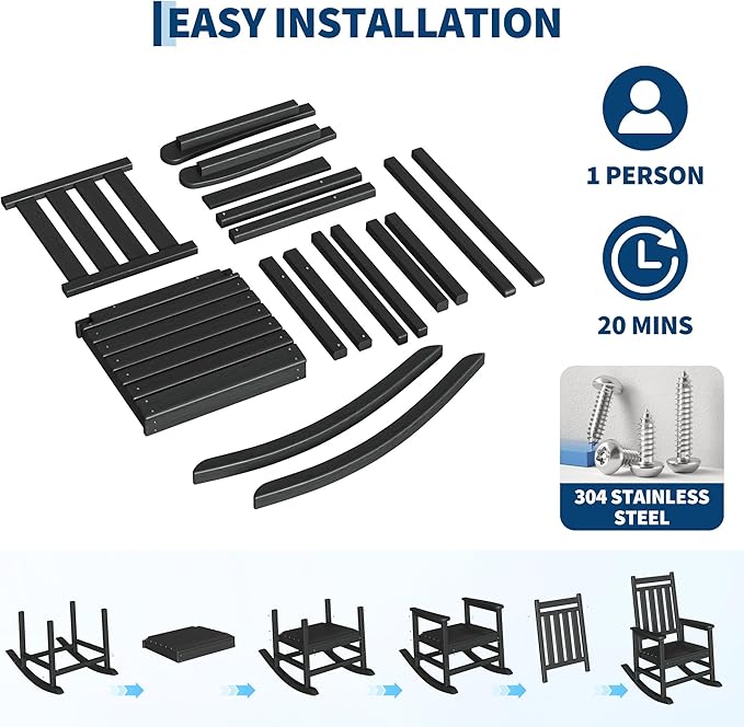 Poly Lumber Rocking Chair Outdoor Set of 2 with Side Table - HDPE High Back Porch Rocker Chairs for Adults - All Weather Resistant Furniture for Patio - Black