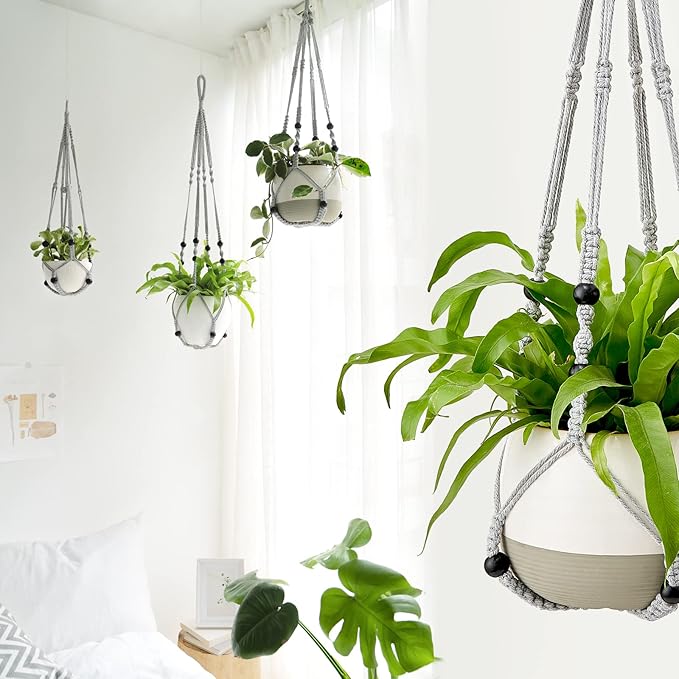 Mkono 3 Pack Macrame Plant Hangers Indoor Different Size Hanging Planter Basket Flower Pot Holder with Beads No Tassels 35"/29"/23", Medium, Grey