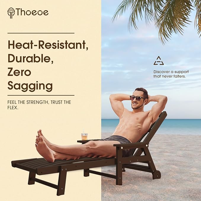 Patio Chaise Lounge Chair Set of 2, Oversized Lounge Chair Outdoor with 5 Positions, HDPE, Patio Lounge Chair with Wheels & Cup Holder for Pool, Deck, Poolside,Brown