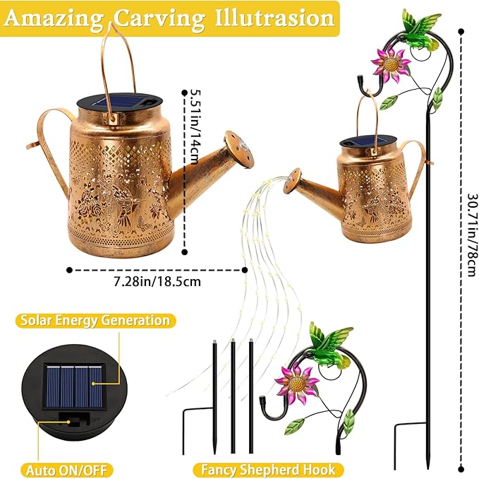 2 Pack Solar Lanterns Outdoor Waterproof,Hummingbird Watering Can Garden Decor,Hanging Solar Path Lights Yard Art,Outside Patio Decorations Gardening Christmas Gifts for Mom Grandma Women (Warm White)