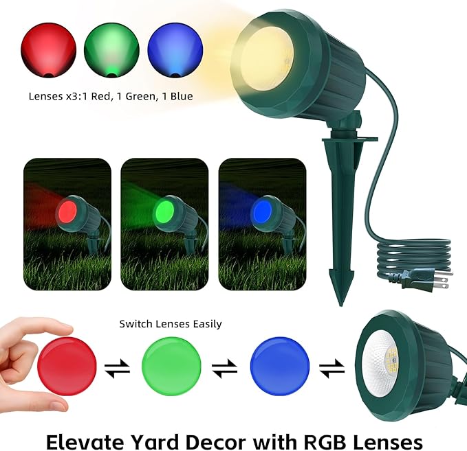 Spotlight Outdoor – 120V Plug-in, 2700K Warm White LED Landscape Spot Lights with RGB 3 Lenses for Yard, Garden, Lawn&Tree Decor, IP67 Waterproof, Perfect for Holidays&Everyday (1 Pack, Green)