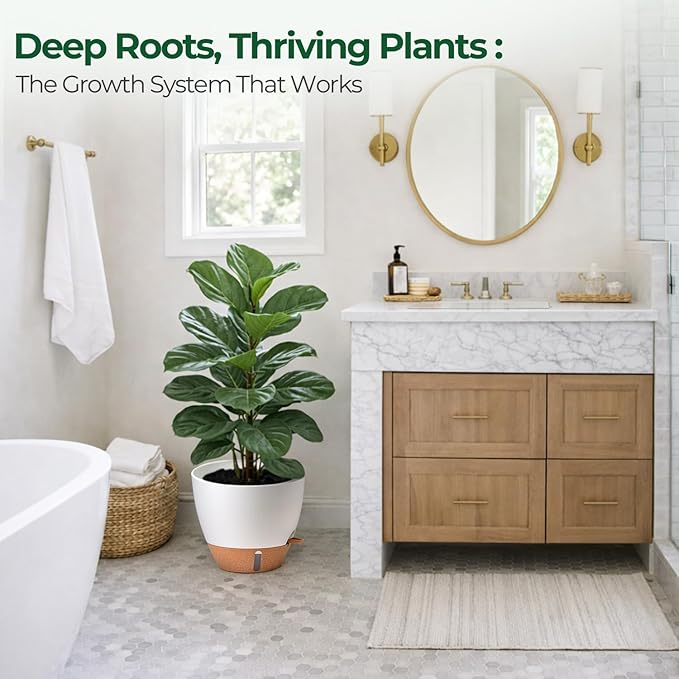T4U 3 Pack Self Watering Pots (8"+10"+12") - Water Level Indicator & Deep Reservoir, Mess-Free Planters for Busy People, Beginners & Gardeners, Fits Pothos to Monstera, Indoor Outdoor Use (White)