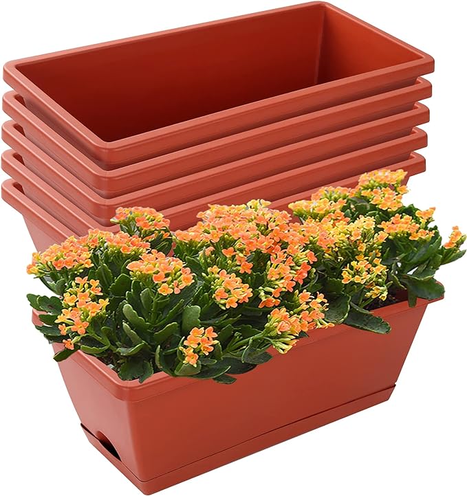 Window Box Planter, 7 Pack Plastic Vegetable Flower Planters Boxes 17 Inches Rectangular Flower Pots with Saucers for Indoor Outdoor Garden, Patio, Home Decor (Red)