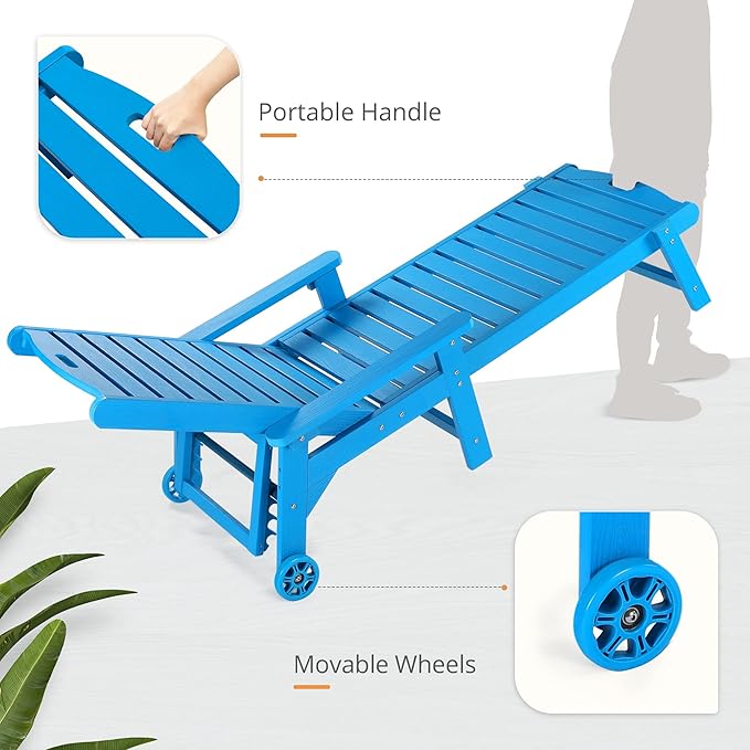 LUE BONA Chaise Lounge Chair with Table, 6-Piece, HDPS Chaise Lounger, 5 Positions Adjustable Lounge Chairs, Pool Lounge Chair with Wheels for Poolside, Backyard, Blue