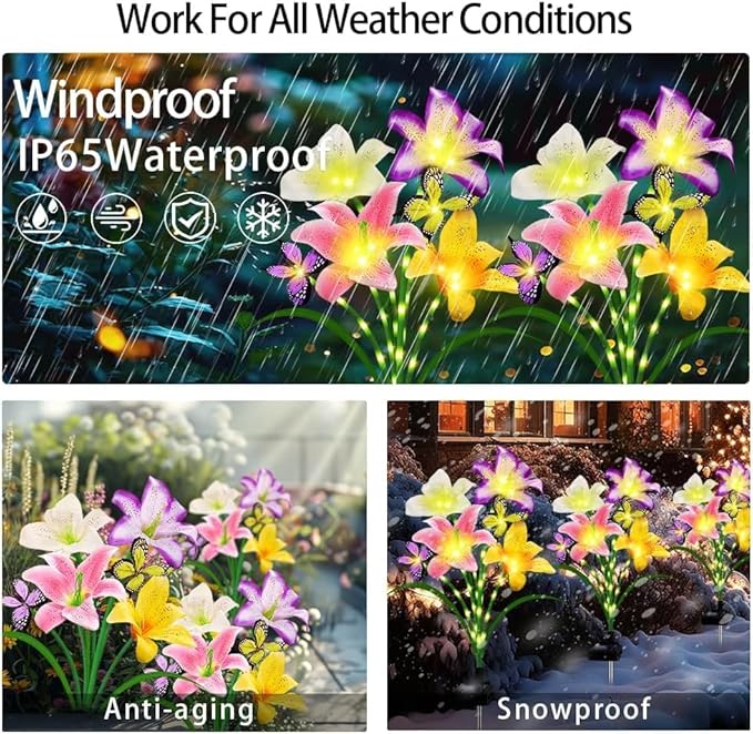 Solar Garden Lights 6 Pack LEDs Solar Lilies Flower Lights, Yard Patio Pathway Decoration High Flexibility Copper Wire Handmade Silk Artificial Flowers Never Wither, Gift for Family Friends
