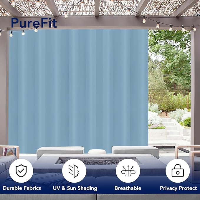 PureFit Outdoor Curtains for Patio Waterproof Weatherproof, UV Resistant Outside Curtains for Gazebo, Front Porch, Pergola, Sun Blocking Privacy Curtain, 120W x 84L inch, 1 Panel, Sky Blue
