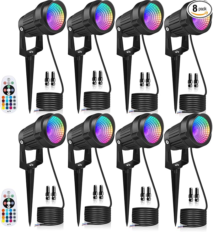 12W LED Landscape Lights Low Voltage, RGBW Color Changing 12V AC/DC Waterproof Outdoor Spotlights with Remote Control, IP65 Garden Pathway Lights with 8 Spike Stands for Christmas Decorative(8 Pack)
