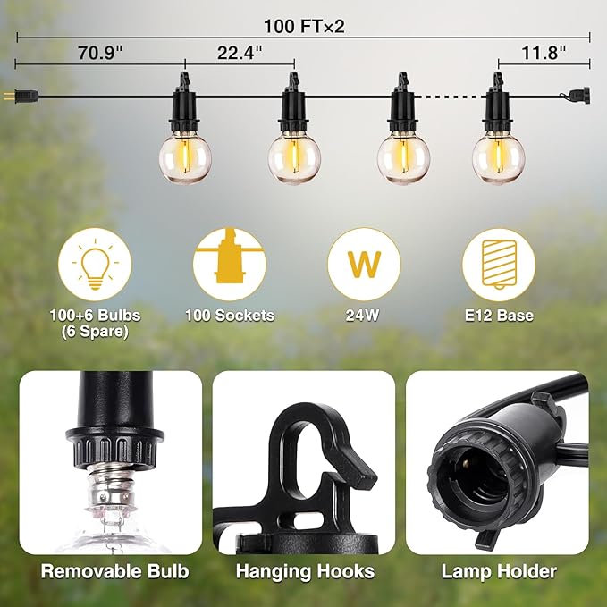 ZJOJO 200FT Outdoor String Lights, G40 Globe Outdoor Lights with 100 Shatterproof LED Bulbs (6 Spare), 2700K Hanging Waterproof Patio Light, Connectable String Lights for Outside Backyard Porch Party
