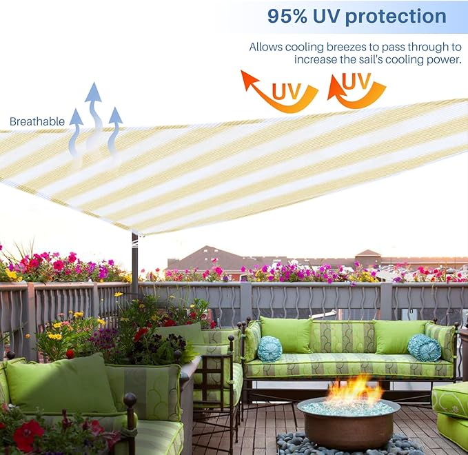 E&K Sunrise 6' x 6' x 6' Sun Shade Sail Triangle Canopy Shade Cover UV Block for Patio Backyard Garden Outdoor (Beige White Strip)