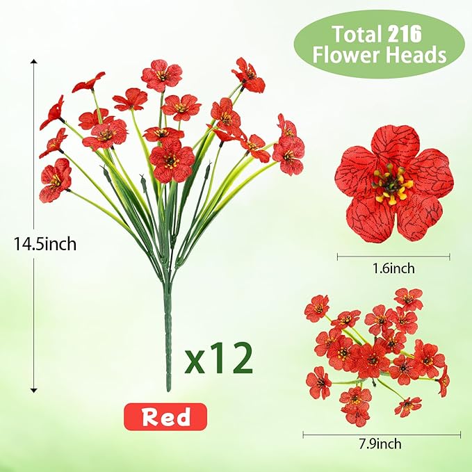 MACTING 12 Bundles Artificial Flowers for Outdoors Fake Flowers UV Resistant Faux Plastic Plants No Fade for Planters Window Patio Porch Garden Home Outside Spring Summer Decorations,Red