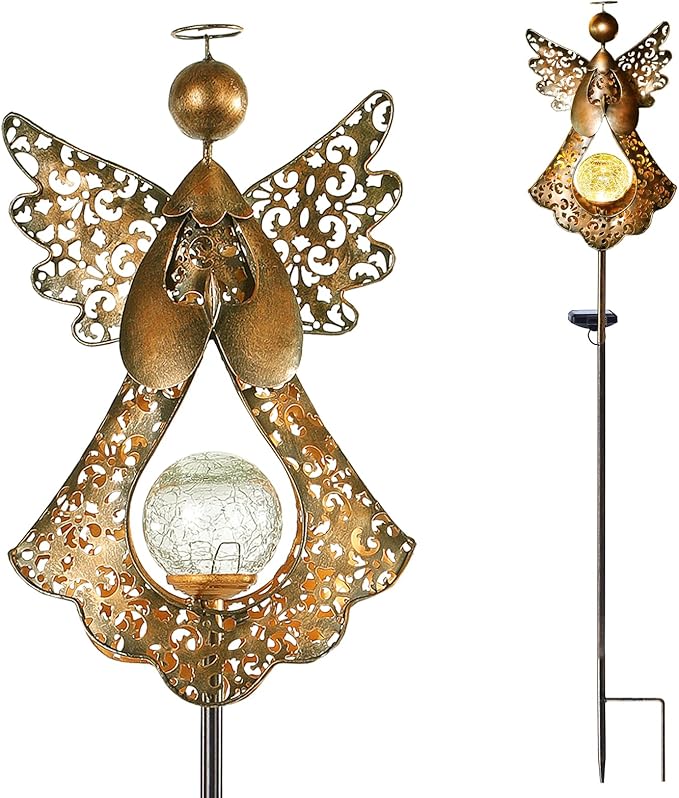 Starryfill Angel Stake Solar Lights with Crackle Glass Globe Waterproof Warm White LED, 40.5 inches Height Metal Bronze Stake Garden Patio Art Decor, Memorial Gift for Mom Women or Friends