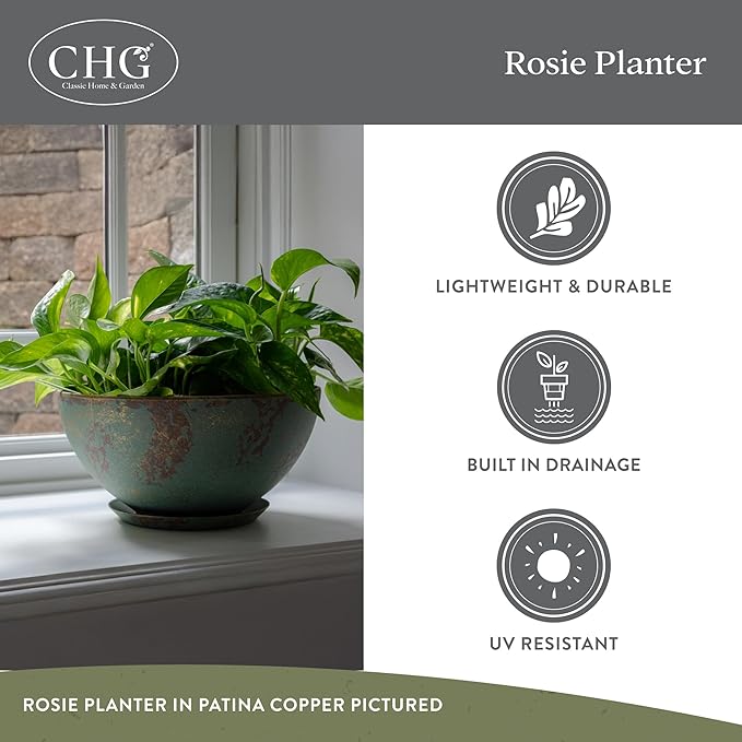 Classic Home and Garden Rosie Modern Planter w/Drainage - Contemporary Planter Bowls - Shallow Round Vases for Small Plants - Versatile Indoor & Outdoor Pots (10” Stark White)