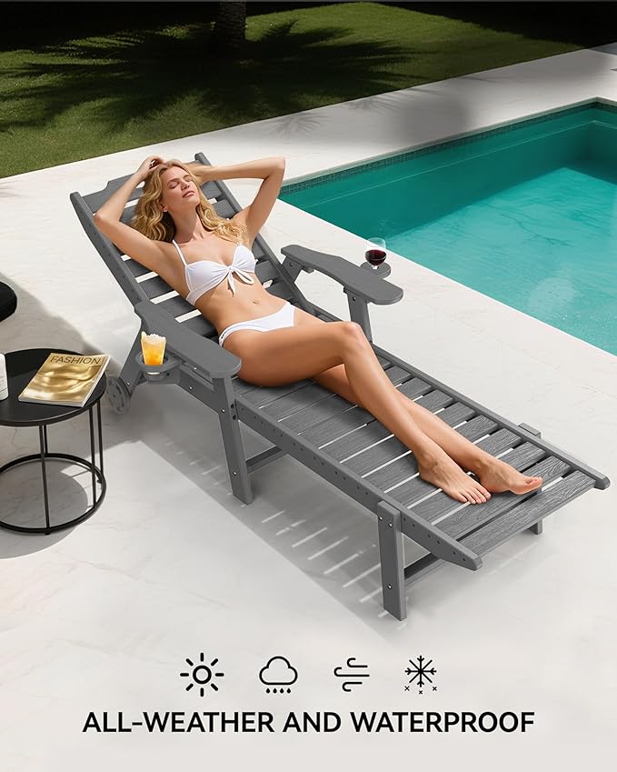 Carauci Lounge Chair Outdoor, HDPE Chaise Lounge with Wheels, 5-Position Adjustable Backrest & 2 Cup Holders Patio Lounge Chair, All-Weather Pool Sun Lounger for Poolside, Backyard, Grey