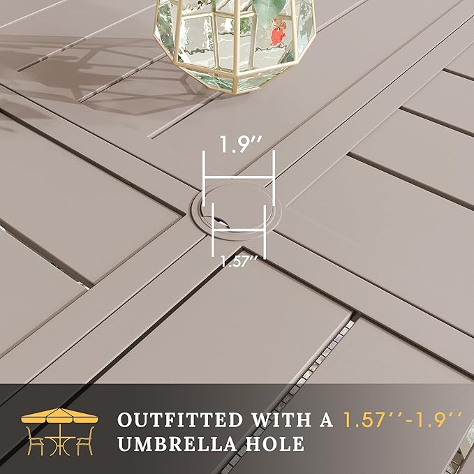 VICLLAX Round Patio Table with Adjustable Umbrella Hole for 8, All Weather Metal Outdoor Dining Table for Lawn Garden, 53.1" Outdoor Coffee Table, Cream Color Frame