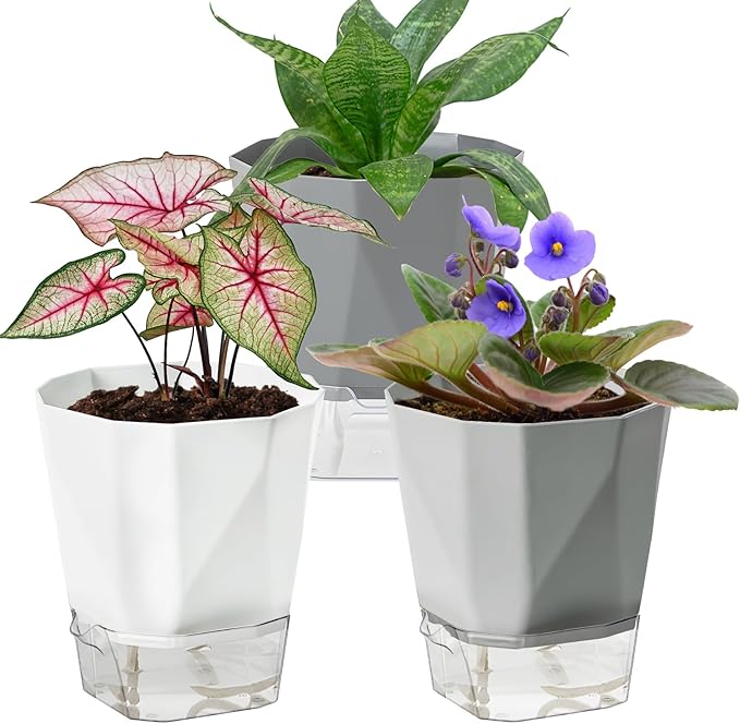 3 Pack Self Watering Flower Pots 6.5 Inch, Plant Pots for Indoor Outdoor, Self Watering Planters with Wick Rope and Clear Reservoir