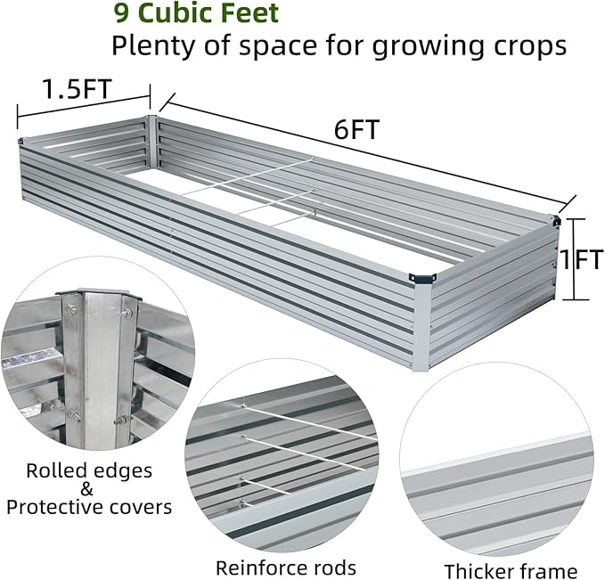 2 Pack 6x1.5x1FT Galvanized Raised Garden Beds Kit Outdoor Metal Gardening Planter Box for Vegetable Elevated Flower Herbs,Silver