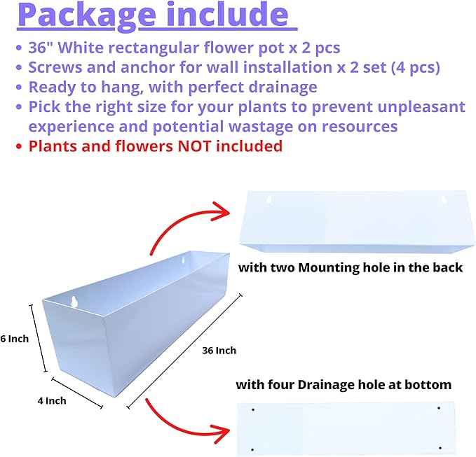 LaLaGreen Wall Planters for Outdoor (36 Inch, 2 Pack) White Carbon Steel Metal Hanging Flower Pots, Long Rectangular Wall Mount Window Box Planters for Succulents, Balcony, Fence, Deck Garden Décor