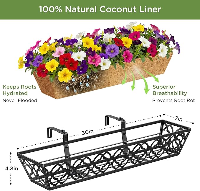 Y&M 30 Inch Window Deck with Coco Liner, Fence Metal Hanging Flower Planter Window Basket Deck Railing Planter Boxes for Outdoor Garden Lawn,6pcs