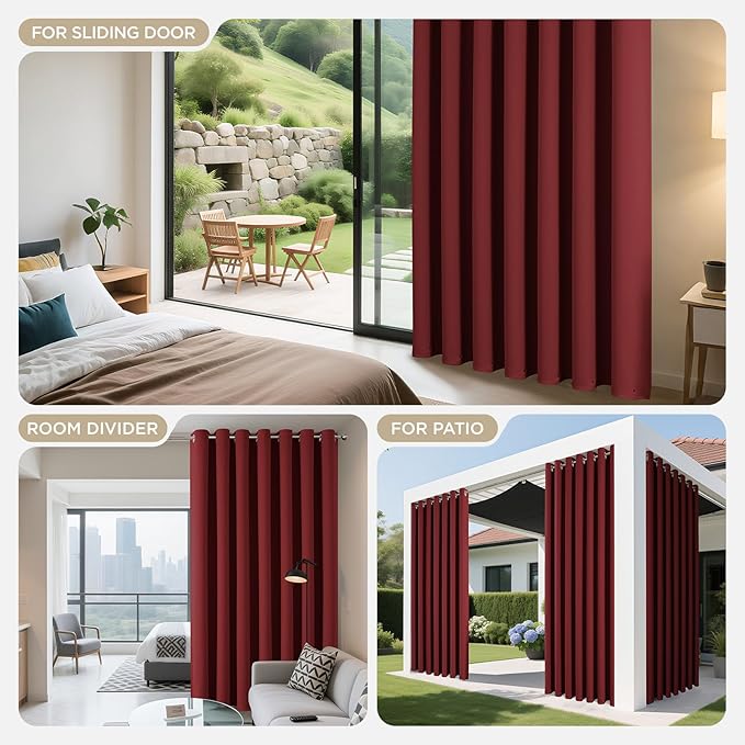 Joydeco Blackout Patio Sliding Door Curtains 90 Inches Long, Grommet Privacy Room Divider Curtains, Extra Wide Thermal Blackout Drapes for Bedroom Living Room (Burgundy Red, 60Wx90L, 1 Panel)