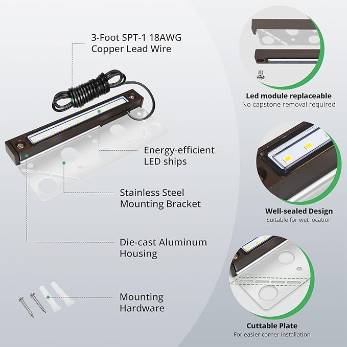 GKOLED 6.8 Inch LED Low Voltage Outdoor Hardscape Light, Light Module Replaceable, Retaining Paver Wall Step Lighting, 2700K 1.5W, IP65 for Wet Location, Die-cast Aluminum Housing