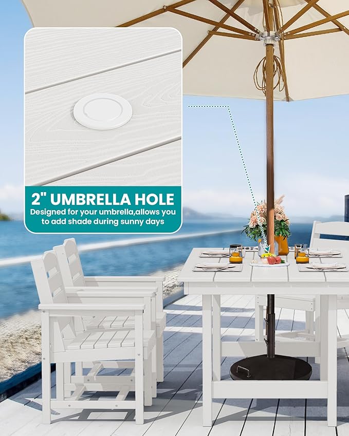 SERWALL HDPE Outdoor Dining Table for 6, 67" Rectangle Patio Dining Table with Umbrella Hole, White