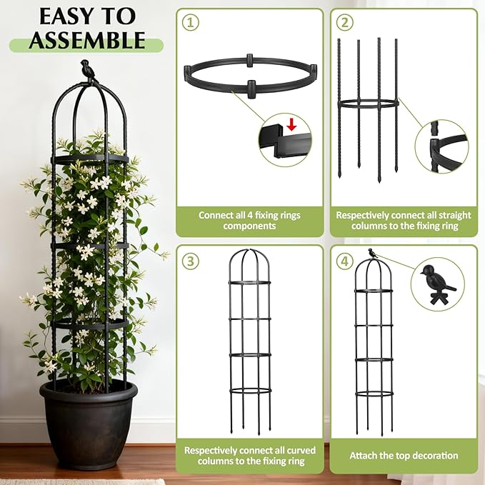 Obelisk Trellis for Climbing Plants Outdoor, 6.2 FT Plant Support for Tomato, Rose, Flowers, Grape, Pea, Cucumber, Rustproof Plastic Coated Metal Plant Tower for Potted Plants - 1PC Garden Trellis