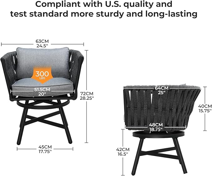 Grand patio 5-Piece Outdoor Dining Set for 4, Patio Dining Furniture Set for 4 Swivel Rope Wicker Chairs & 1 Expandable Rectangular Dining Table, Dark Gray