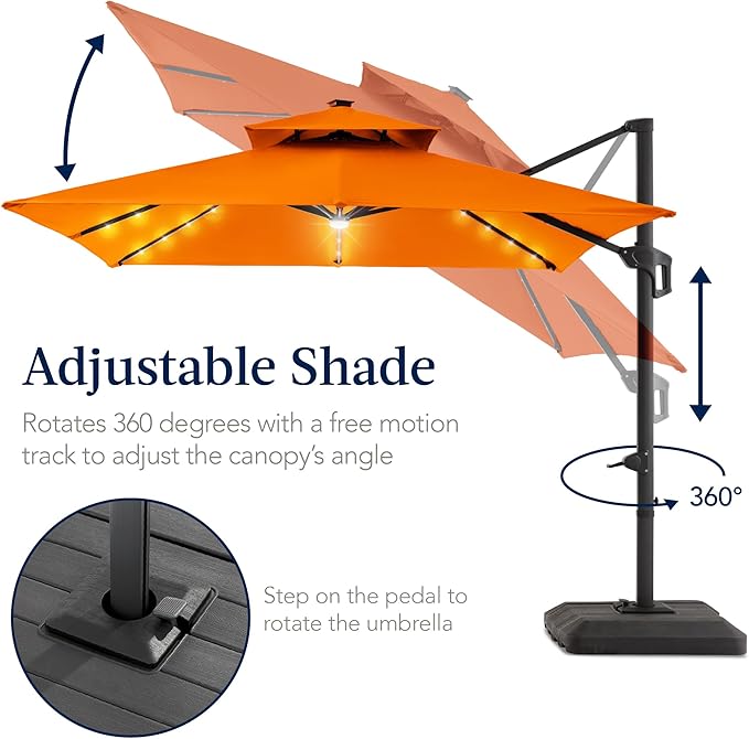 Best Choice Products 12x12ft LED Cantilever Patio Umbrella w/Base Included & 360° Rotation, Large Solar Offset Hanging Outdoor Sun Shade for Deck, Backyard Table w/Stand & Lights – Orange