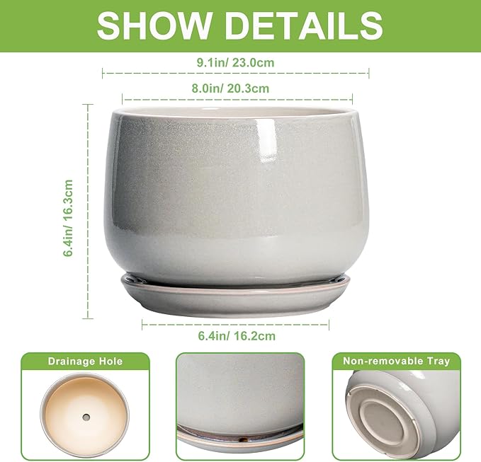 G EPGardening Ceramic Plant Pots - 9 Inch Ceramic Planters for Indoor Outdoor Plants, Modern Flower Pots with Drainage and Saucer, Round Planter, Garden Home Decor, Plant Lover Gifts, Light Grey