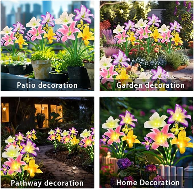 Solar Garden Lights 2 Pack with 8 Lilies Outdoor Decorative Flower Lights for Garden, Gift for Family and Friends, IP65 Waterproof Flower Solar Outdoor Stake Lights for Yard Patio Lawn Pathway