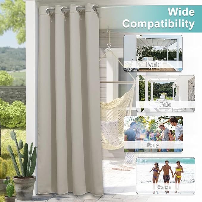 NICETOWN Outdoor Curtains for Patio Waterproof, Rustproof Grommet Room Darkening Thermal Insulated Indoor Outdoor Window Treatments Thermal Drapes for Pergola, Natural, W52 x L84, 1 Panel