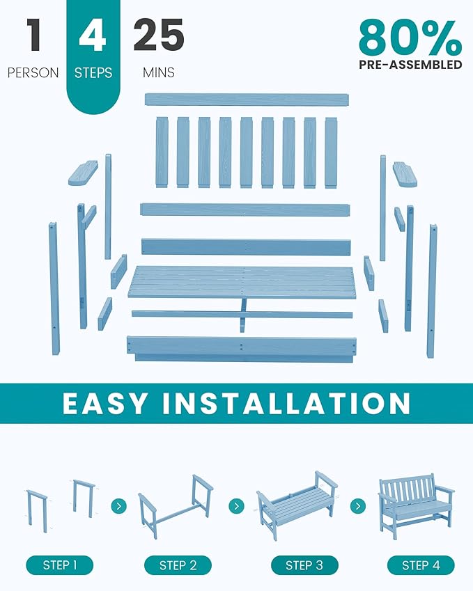 SERWALL Outdoor Bench, HDPE Outdoor Benches Weatherproof, 2-Person Garden Bench with 660 lbs Weight Capacity, Patio Benches for Outdoors, Garden, Porch, Backyard and Park, Light Blue, 6 Pack