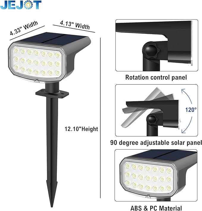 Solar Lights Outdoor Waterproof IP65, Super Bright LED with Lens, 6500K 2 Lighting Modes, Solar Powered Yard Garden Solar Spot Lights for Outside Landscape Auto On/Off -4 Pack