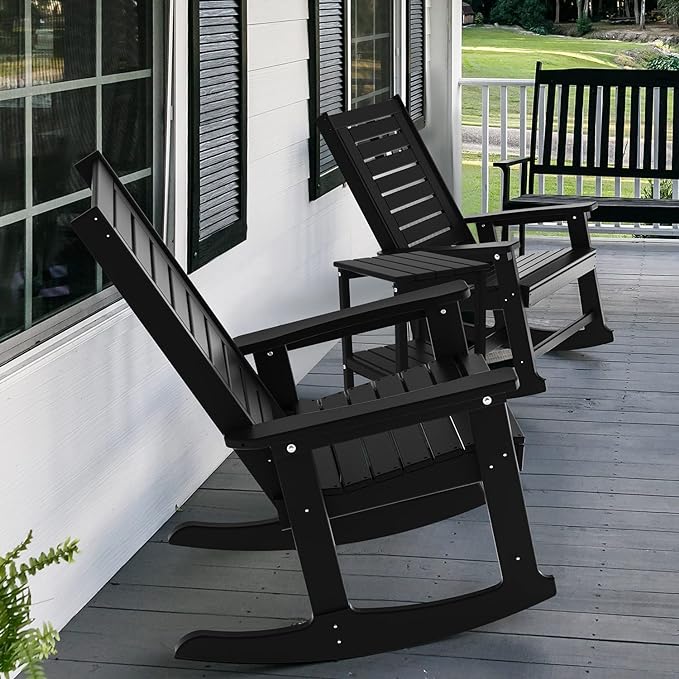 GREENVINES Outdoor Rocking Chairs | Set of 2 | Porch Rocker | HDPE Plastic | Black | Oversized Rockers | High Back | Big & Tall | Ladder Back | for Patio Outside Backyard Balcony
