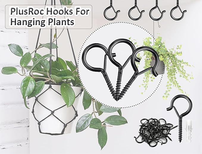 PlusRoc 20 Pack Ceiling Hooks for Hanging Plants Outdoor String Lights Heavy Duty, 2.2 Inch Eye Hook Screw in Cup Hooks Q-Hanger for Patio Lights, Wall Wood Fence Deck Mount(Black)