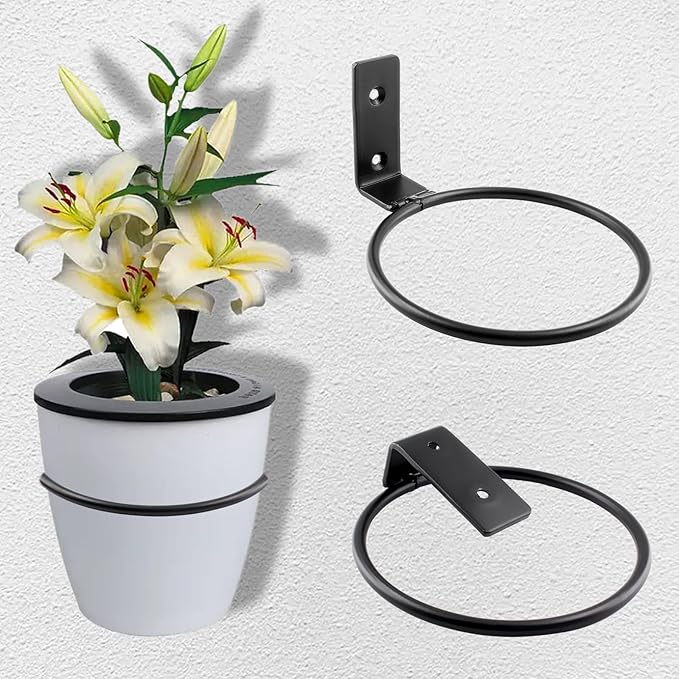2 Pack 6 inch Flower Pot Holder Ring, Flower Pot Holder Ring Wall Mounted Set Wall Mounted Metal Planter Hanger Matte Black Hanging Plant Holder