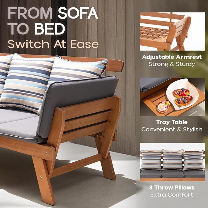 IDZO Amelie Outdoor Daybed Sofa: 750lbs Max Weight Support, Sleeper Chair with Armrest, Coffee Tray, 3 Pillows, FSC Wood, Gray, Ideal for Outdoor Couch