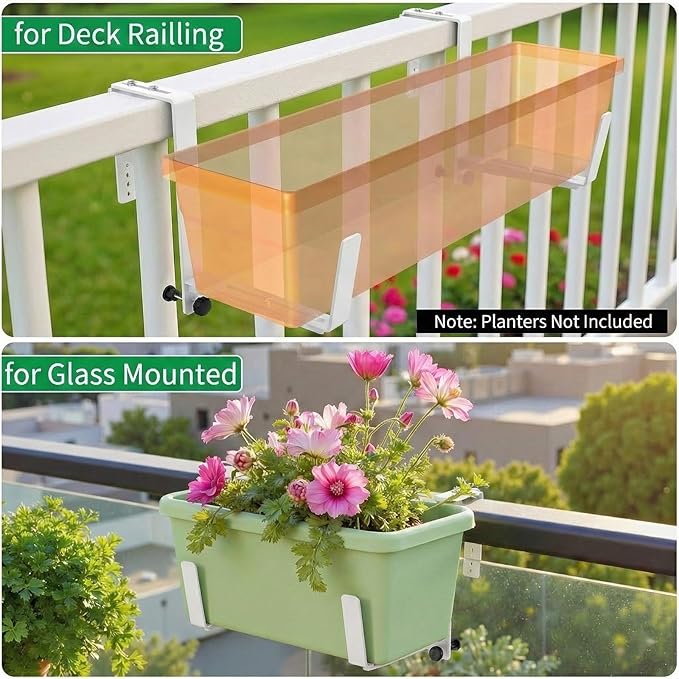 Window Box Brackets, Adjustable Planter Box Brackets, Heavy Duty Iron Flower Box Brackets for Railings, with Enhanced Bottom Support - Perfect for Balconies, Fences, and Gardens (White, 6 Pack)