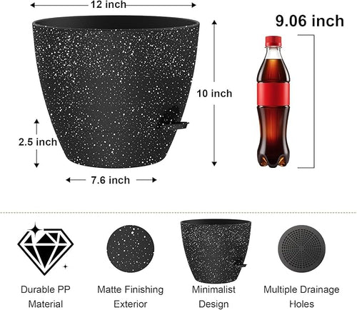 12 Inch Large Self Watering Pots, Flower Pots with Multi-Mesh Drainage Holes and Saucer, Planters for Indoor and Outdoor Garden Plants (Speckled Black)