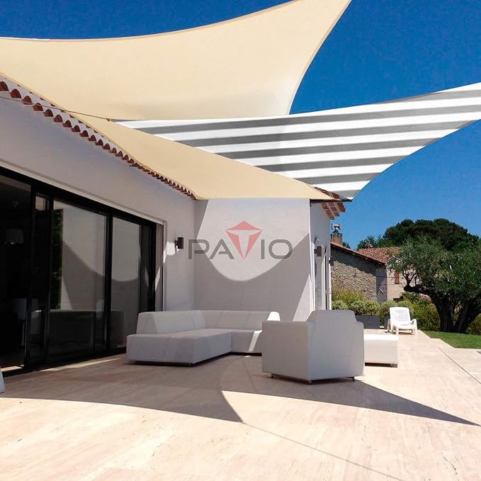 Patio Paradise 6' x 6' x 6' Sun Shade Sail Triangle Canopy Shade Cloth Fabric Sunlight Block Patio Pergola Cover HDPE Deck Awning for Outdoor Backyard Roof Shading, Gray White Strip