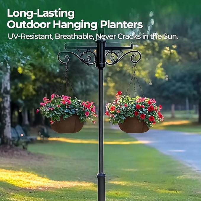 T4U Hanging Planters for Outdoor Plants, 10 Inch 4 Pack Fabric Hanging Baskets with Drainage Tray, Decorative Hanging Pots for Plants Outdoor Patio Porch Garden Use（Brown）