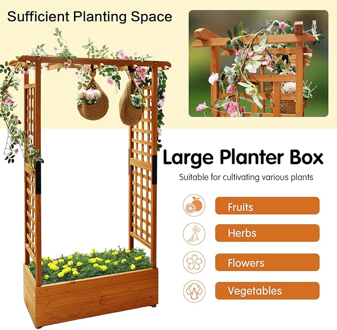 Raised Garden Bed with Wood Trellis Set of 2 Outdoor Planter Box for Tomatoes Climbing Vegetables Herbs Flowers Patio Pots Tall Hanging Roof 2 Drainage Holes Orange, 42.5" L x 17.3" W x 66.1" H