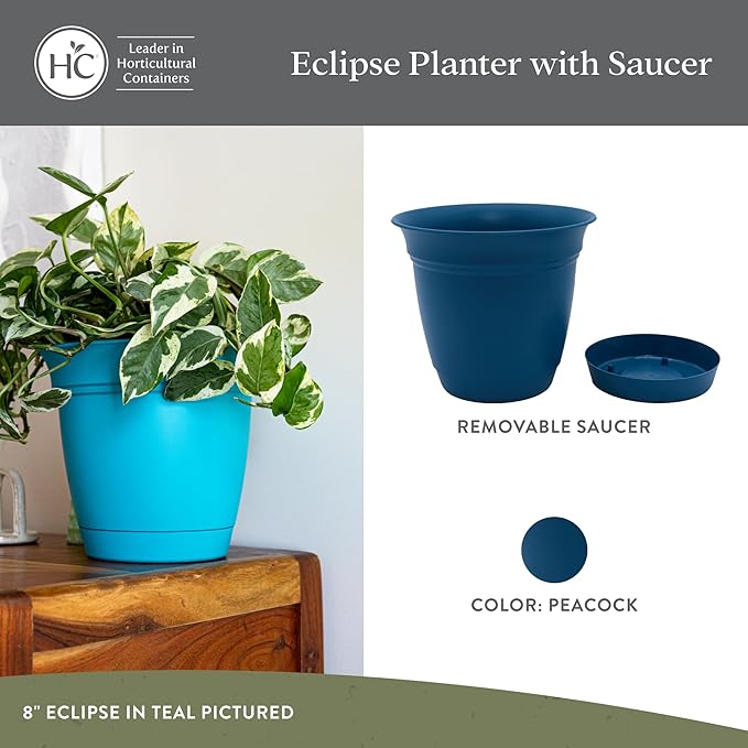 The HC Companies 16 Inch Eclipse Round Planter Pots with Drainage Holes & Attached Saucer, Lightweight UV-Resistant Plastic Indoor Outdoor Planters, 2-Pack Flower Pots for Garden & Home Decor, Peacock