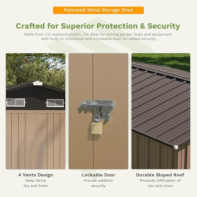 Patiowell 10 x 12 FT Metal Storage Shed for Outdoor, Steel Yard Shed with Design of Lockable Doors, Utility and Tool Storage for Garden, Backyard, Patio, Outside use,Brown