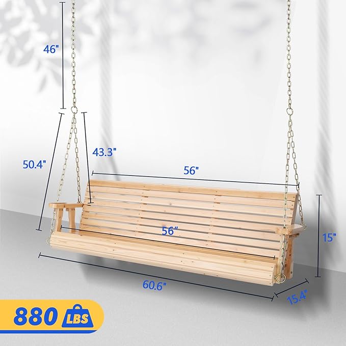 VINGLI Upgraded Patio Wooden Porch Swing for Courtyard & Garden, Heavy Duty 880 LBS Swing Chair Bench with Hanging Chains for Outdoors (Natural, 5 FT)