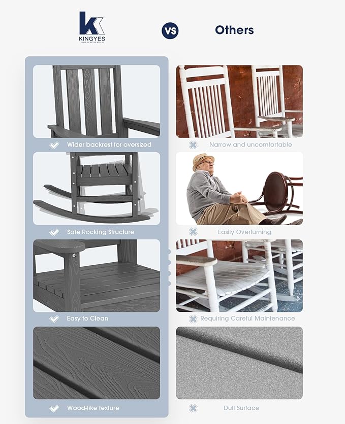 KINGYES Oversized Outdoor Rocking Chair Set of 4, All-Weather Patio Rocking Chairs for Porch, HDPE Outdoor Patio Rockers with High Back & Wide Seat for Garden, Lawn, Gray