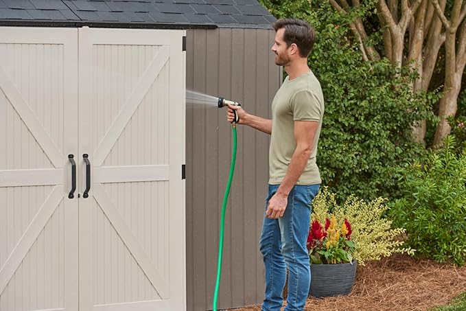 Rubbermaid Extra Large Resin Outdoor Storage Shed With Floor (7 x 10.5 Ft.) Weather Resistant Brown Organization for Home/Lawn Mower/Backyard Equipment/Bike Storage/Pool Supplies