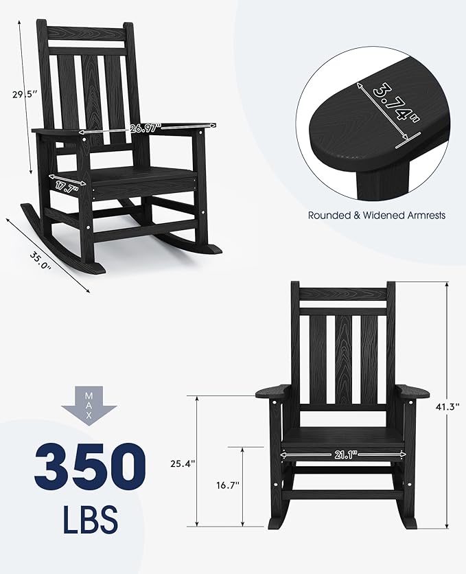 KINGYES Oversized Outdoor Rocking Chair Set of 2, All-Weather Patio Rocking Chairs for Porch, HDPE Outdoor Patio Rockers with High Back & Wide Seat for Garden, Lawn, Black